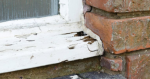 Rotted wooden window sill with peeling paint.